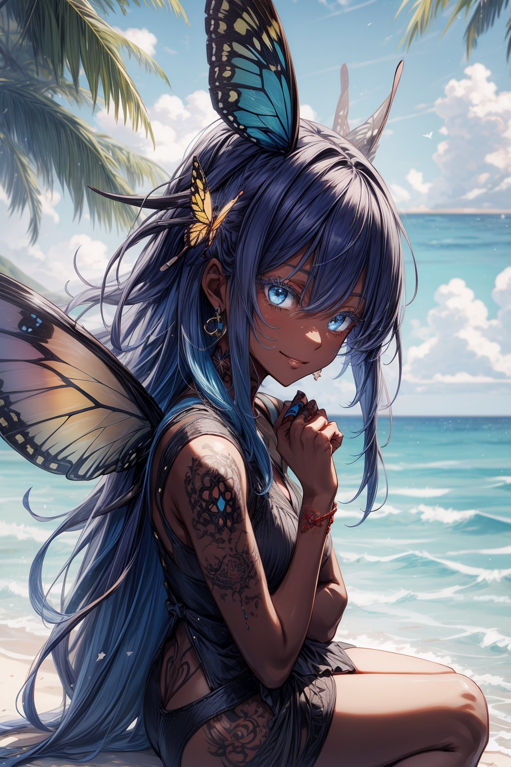 Extremely absurdres, 8k, 4k, detailed, face only, perfect hands, (masterpiece, best quality:1.2), anime, 1girl, short-female, front_view, looking_at_viewer, blue eyes, deep blue hair, high quality, short hair, depth_of_field, outdoor background, ocean background, sitting, hawaiian clothes, antennae, butterfly wings dark skin, tan, colored eyelashes, smirk, playful, head tilt, half-lidded eyes,COLORED EYELASHES,(blue eyelashes),blue eyelashes, hands in lap, earring, fluffy hair,dreadlocks, full body tattoo, tribal tattoos