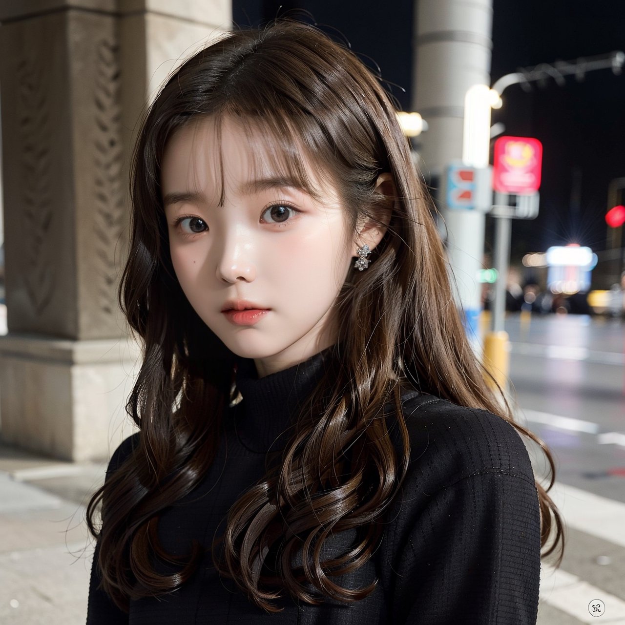 background is New York,street, 18 yo, 1 girl, beautiful korean girl, big eyes, wearing tight black dress(turtle neck,simple,long sleeves),black long boots, smile, solo, {beautiful and detailed eyes}, dark eyes, big breasts, calm expression, delicate facial features, ((model pose)), Glamor body type, (dark hair:1.2), simple tiny earrings, simple tiny necklace,very_long_hair, hair past hip, bangs, curly hair, flim grain, realhands, masterpiece, Best Quality, 16k, photorealistic, ultra-detailed, finely detailed, high resolution, perfect dynamic composition, beautiful detailed eyes, eye smile, ((nervous and embarrassed)), sharp-focus, full_body, cowboy_shot,