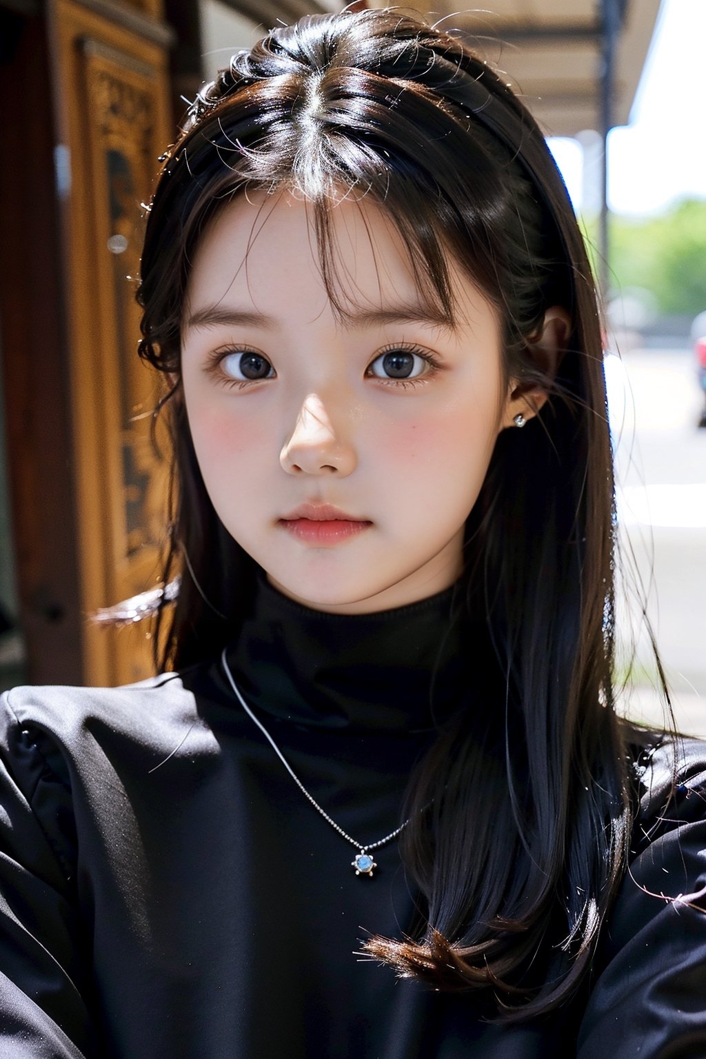 background is New York,street, 18 yo, 1 girl, beautiful korean girl, big eyes, wearing tight black dress(turtle neck,simple,long sleeves),black long boots, smile, solo, {beautiful and detailed eyes}, dark eyes, big breasts, calm expression, delicate facial features, ((model pose)), Glamor body type, (dark hair:1.2), simple tiny earrings, simple tiny necklace,very_long_hair, hair past hip, bangs, curly hair, flim grain, realhands, masterpiece, Best Quality, 16k, photorealistic, ultra-detailed, finely detailed, high resolution, perfect dynamic composition, beautiful detailed eyes, eye smile, ((nervous and embarrassed)), sharp-focus, full_body, cowboy_shot,hyerilorashy