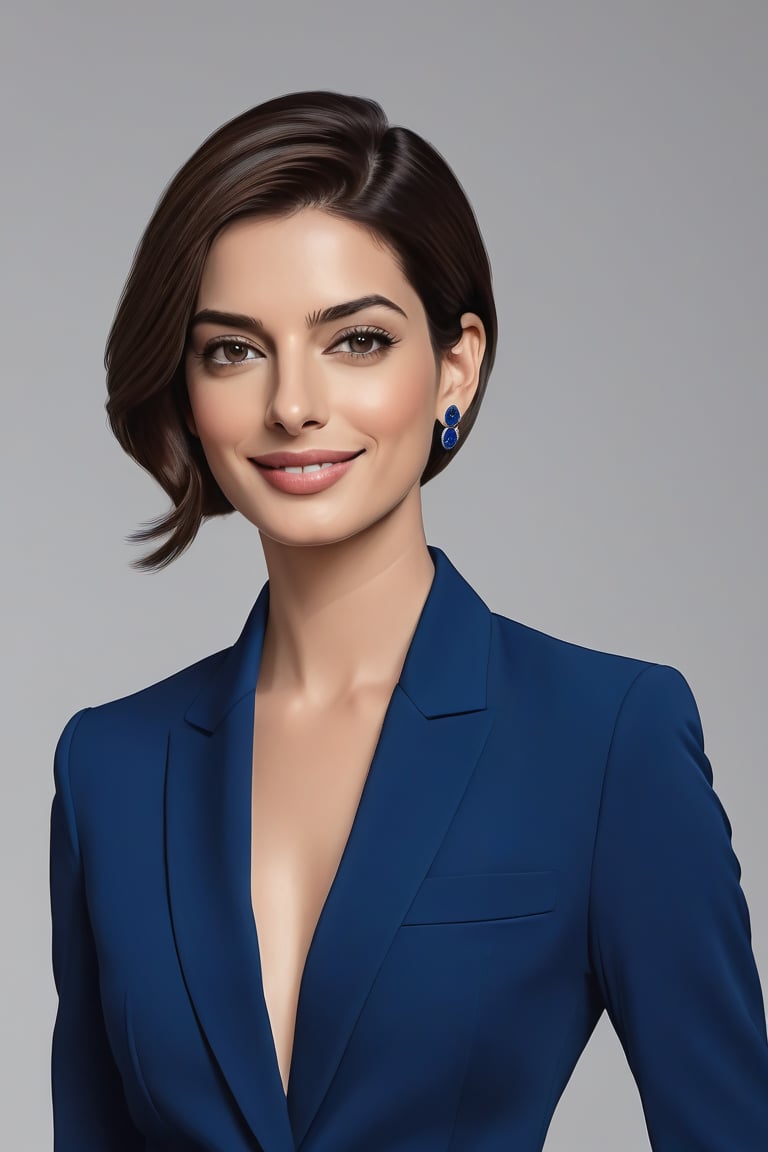 A stunning Indian woman in her 30s, donning a trendy wolf-cut brown hairstyle, gazes directly at the camera with a radiant smile. Her bright blue eyes sparkle like polished sapphires as she wears a modern, sleek formal blue business suit, exuding determination and confidence. Set against a clean white background, her sharp jawline and defined features are rendered in exquisite digital detail, reminiscent of Anne Hathaway's captivating on-screen presence.