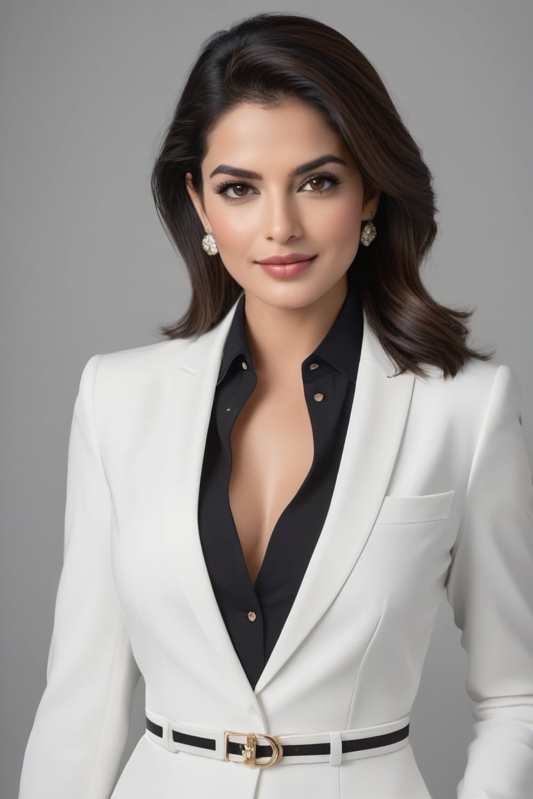 Vertical shot of a stunning Indian woman in her 30s, dressed in a black and white shirt suit dress that accentuates her curves. The camera frames her from the waist up, highlighting her impressive 36D chest adorned with a Choker Necklace Belt. Her trendsetting wolf cut brown hair falls softly around her face.

Her gaze is directed straight into the lens, exuding determination and confidence as a modern CEO. A soft, charming smile plays on her lips, which are painted a subtle shade of pink. Her black eyes sparkle with intelligence and poise, reminiscent of Anne Hathaway's captivating screen presence.

The overall aesthetic is sleek, sophisticated, and highly detailed, evoking a sense of high-end fashion photography. The smooth, refined texture of her skin and the precise definition of her facial features create an air of refinement and elegance.