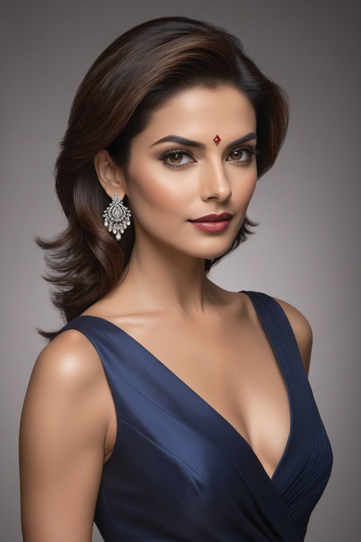 A stunning Indian woman in her 40s, donning a striking wolf-cut brown hairdo, exudes confidence and poise. In a vertical composition, she stands tall, gazing directly into the lens with an unwavering determination. Her piercing eyes sparkle like sapphires, framed by thick lashes. A sleek, modern blue business suit hugs her curves, accentuating her toned physique. The formal attire is juxtaposed against a subtle, textured background, adding depth and dimensionality to the overall image. Her facial features, reminiscent of Anne Hathaway's, are finely detailed, with high cheekbones, defined jawline, and full lips. The trendsetter's wolf-cut hair cascades down her back like a golden waterfall, framing her regal visage. The image is bathed in soft, natural light, casting a flattering glow on the subject.