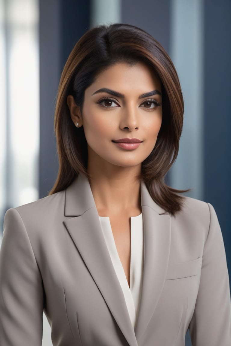 Here's a prompt for a hyper-realistic vertical photo:

A stunning Indian woman in her 30s, sporting a trendy wolf-cut brown hairstyle, sits confidently in front of a neutral background. Her determined gaze is framed by the sleek lines of a modern blue business suit, reminiscent of Anne Hathaway's sharp jawline. The subject's formal attire and poised demeanor exude professionalism, as if she's just stepped out of a high-stakes boardroom meeting. The camera captures her face in sharp detail, highlighting the subtle curves of her features. A slight smile plays on her lips, hinting at a sense of accomplishment or satisfaction. The overall composition is clean and modern, with a focus on the subject's striking facial features and confident posture.