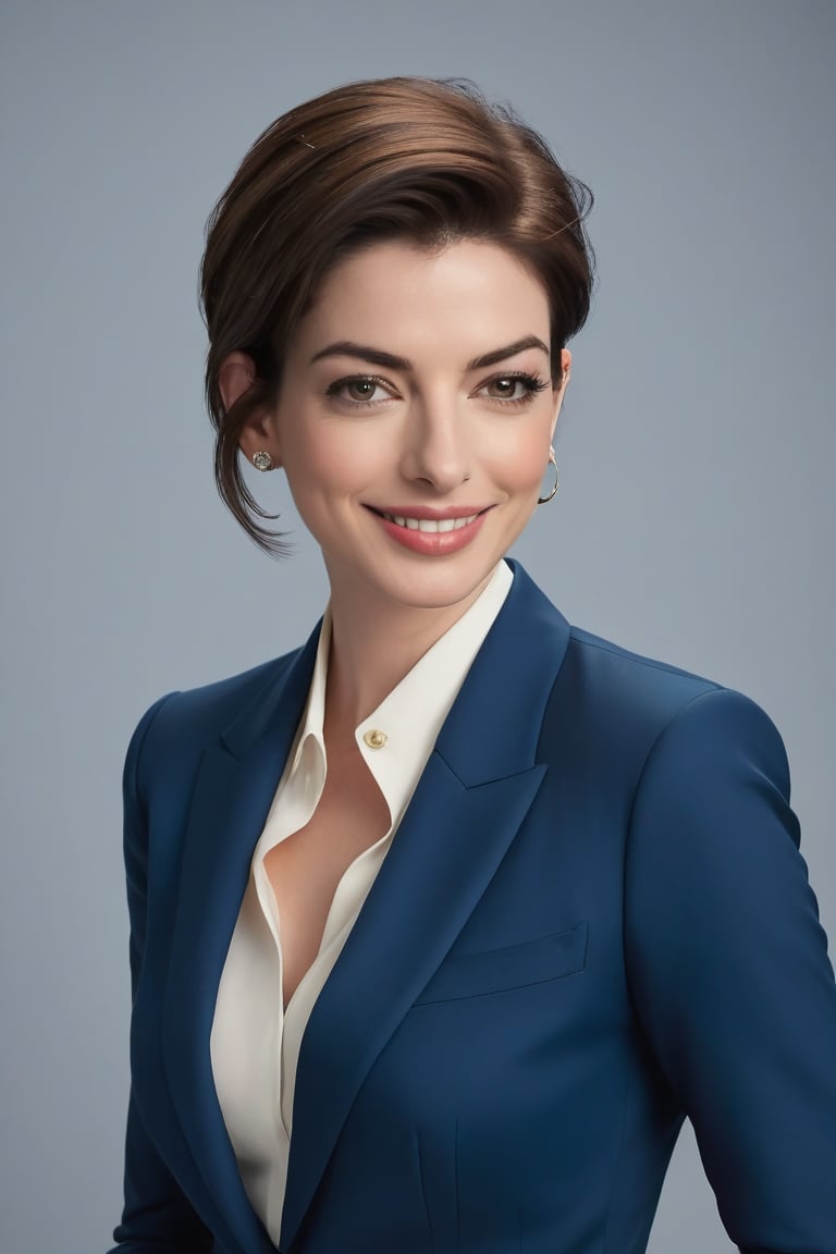 A stunning Indian woman in her 30s, donning a trendy wolf-cut brown hairdo, sits confidently in a vertical frame. Her bright smile radiates determination and poise as she gazes directly into the camera lens. A sleek, high-neckline blue business suit hugs her figure, exuding modern sophistication. Anne Hathaway-inspired intensity emanates from her piercing eyes, drawing the viewer's attention. The formal setting features a subtle gradient of blues and whites, adding depth to the composition. Highly detailed, the image appears almost lifelike, making the subject appear ready to step out of the frame.