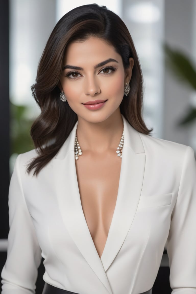 Vertical shot of a stunning Indian woman in her 30s, dressed in a black and white shirt suit dress that accentuates her curves. The camera frames her from the waist up, highlighting her impressive 36D chest adorned with a Choker Necklace Belt. Her trendsetting wolf cut brown hair falls softly around her face.

Her gaze is directed straight into the lens, exuding determination and confidence as a modern CEO. A soft, charming smile plays on her lips, which are painted a subtle shade of pink. Her black eyes sparkle with intelligence and poise, reminiscent of Anne Hathaway's captivating screen presence.

The overall aesthetic is sleek, sophisticated, and highly detailed, evoking a sense of high-end fashion photography. The smooth, refined texture of her skin and the precise definition of her facial features create an air of refinement and elegance.