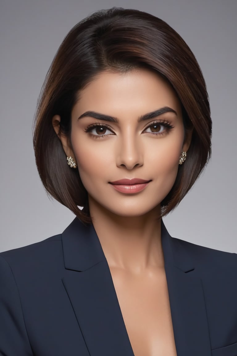 Here's a prompt for a hyper-realistic vertical photo:

A stunning Indian woman in her 30s, sporting a trendy wolf-cut brown hairstyle, sits confidently in front of a neutral background. Her determined gaze is framed by the sleek lines of a modern blue business suit, reminiscent of Anne Hathaway's sharp jawline. The subject's formal attire and poised demeanor exude professionalism, as if she's just stepped out of a high-stakes boardroom meeting. The camera captures her face in sharp detail, highlighting the subtle curves of her features. A slight smile plays on her lips, hinting at a sense of accomplishment or satisfaction. The overall composition is clean and modern, with a focus on the subject's striking facial features and confident posture.