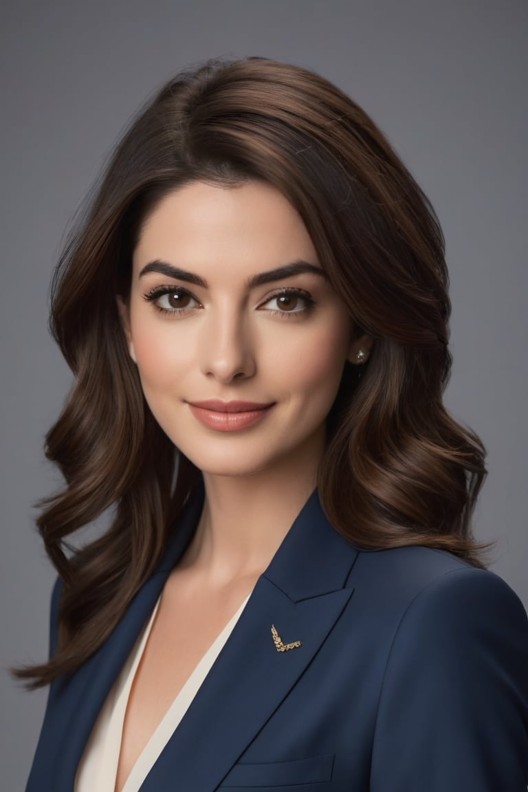 A stunning Indian woman in her 30s stands confidently against a neutral background, her trendy wolf-cut brown hair styled in loose waves. She wears a modern, sleek blue business suit, adorned with subtle patterned details that catch the eye. Her determined gaze is reminiscent of Anne Hathaway's strong character portrayals. The framing captures her full figure, with the vertical composition emphasizing her tall stature. Soft, even lighting highlights the contours of her face and emphasizes her radiant smile, as if she's about to take on the world.