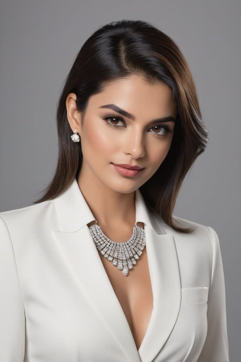 Vertical shot of a stunning Indian woman in her 30s, dressed in a black and white shirt suit dress that accentuates her curves. The camera frames her from the waist up, highlighting her impressive 36D chest adorned with a Choker Necklace Belt. Her trendsetting wolf cut brown hair falls softly around her face.

Her gaze is directed straight into the lens, exuding determination and confidence as a modern CEO. A soft, charming smile plays on her lips, which are painted a subtle shade of pink. Her black eyes sparkle with intelligence and poise, reminiscent of Anne Hathaway's captivating screen presence.

The overall aesthetic is sleek, sophisticated, and highly detailed, evoking a sense of high-end fashion photography. The smooth, refined texture of her skin and the precise definition of her facial features create an air of refinement and elegance.