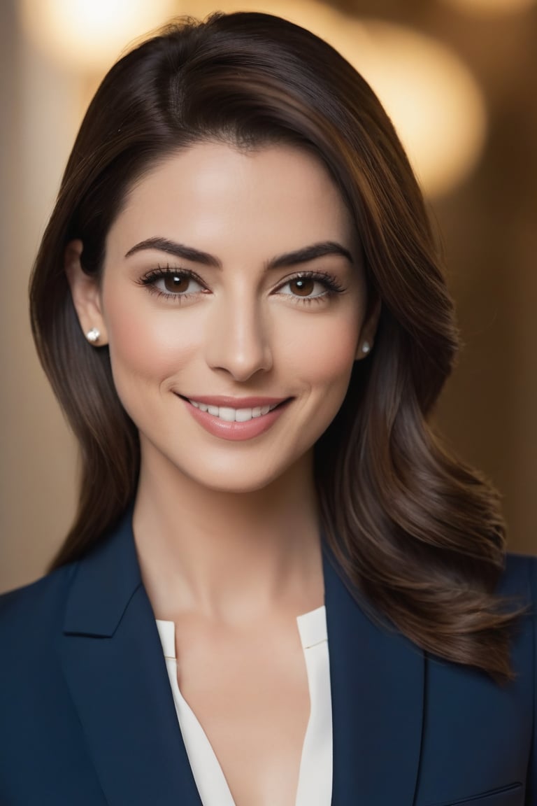 Close-up vertical shot of a stunning Indian woman in her 30s, with trendy wolf-cut brown hair styled to perfection. She's dressed in a sleek, modern blue business suit that accentuates her toned physique, exuding confidence and determination. Her facial features are highly detailed, resembling Anne Hathaway, with a radiant smile that seems to light up the entire frame. The camera captures the subtle contours of her face, from the slight arch of her eyebrows to the gentle curve of her nose. Soft, natural lighting illuminates her features, creating a sense of depth and dimensionality. The background is blurred, allowing the viewer's focus to remain solely on the subject. In this formal portrait, our trendsetter woman embodies modern elegance and sophistication.