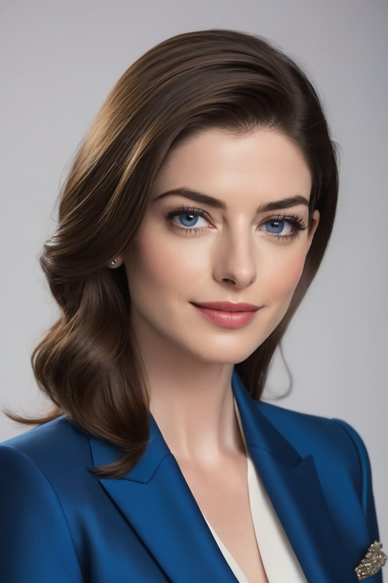 Anne Hathway-inspired beauty: A stunning Indian woman in her 30s, with a trendy wolf-cut brown hair, sits confidently against a clean white background. Her determined gaze is framed by a subtle smile, as she wears a modern, sleek blue business suit that accentuates her toned physique. The formal attire and sharp jawline exude professionalism, while the sparkling blue eyes convey a sense of authority and poise. Every detail, from the delicate eyelashes to the slender fingers, is highly detailed and rendered in hyper-realistic style.