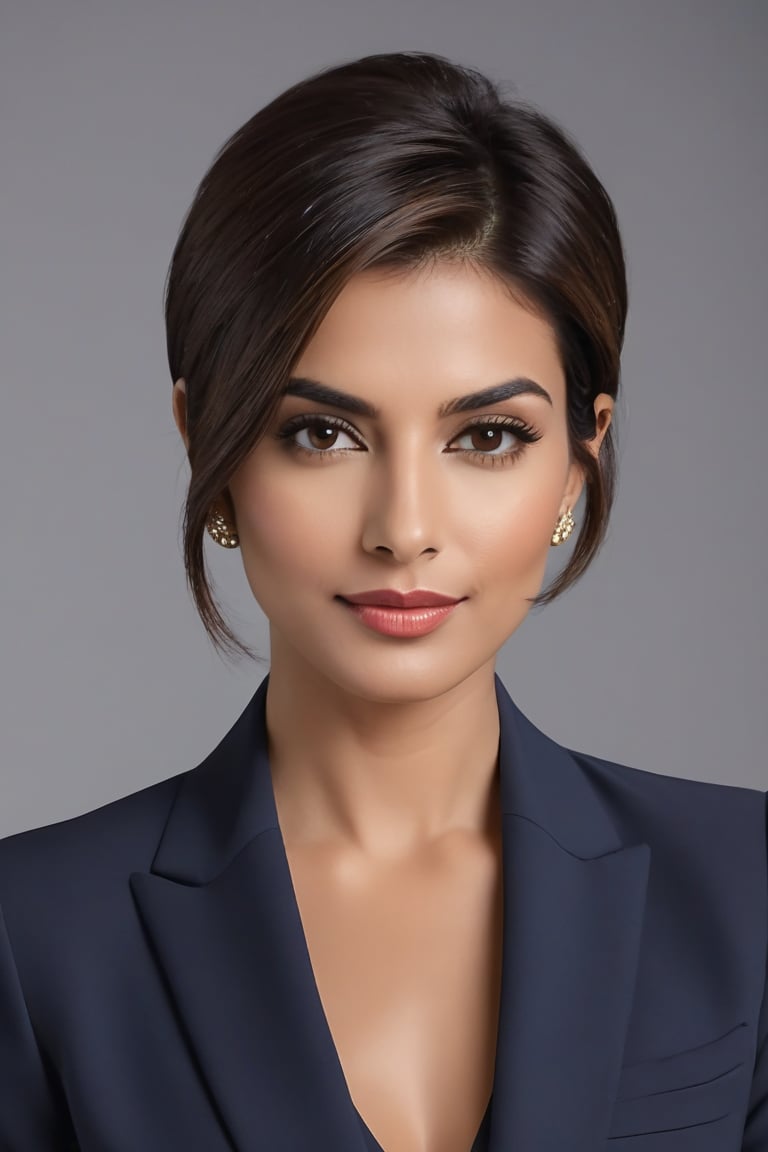 Here's a prompt for a hyper-realistic vertical photo:

A stunning Indian woman in her 30s, sporting a trendy wolf-cut brown hairstyle, sits confidently in front of a neutral background. Her determined gaze is framed by the sleek lines of a modern blue business suit, reminiscent of Anne Hathaway's sharp jawline. The subject's formal attire and poised demeanor exude professionalism, as if she's just stepped out of a high-stakes boardroom meeting. The camera captures her face in sharp detail, highlighting the subtle curves of her features. A slight smile plays on her lips, hinting at a sense of accomplishment or satisfaction. The overall composition is clean and modern, with a focus on the subject's striking facial features and confident posture.