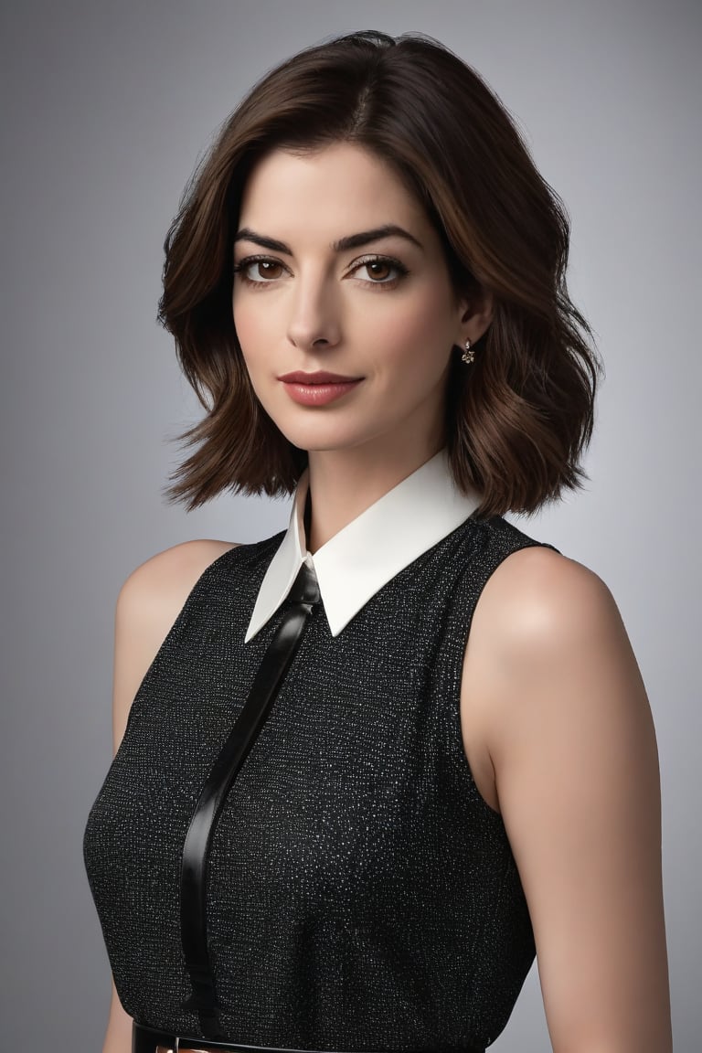 Vertical composition: A stunning Indian woman in her 30s, dressed to impress in a crisp black and white shirt suit dress, cinched at the waist with a Choker Necklace Belt. Her trendy wolf cut brown hair frames her striking features. The camera captures her determined gaze, soft smile, and full lips, accentuating her 36D bust. Anne Hathaway-esque charm radiates from her piercing black eyes. Highly detailed, modern, and sleek, this portrait exudes confidence and sophistication.