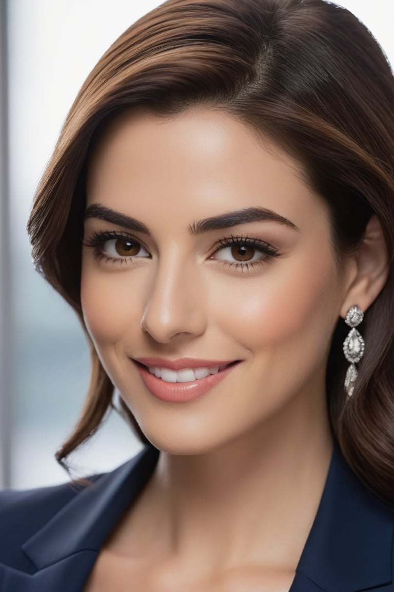 Close-up vertical shot of a stunning Indian woman in her 30s, with trendy wolf-cut brown hair styled to perfection. She's dressed in a sleek, modern blue business suit that accentuates her toned physique, exuding confidence and determination. Her facial features are highly detailed, resembling Anne Hathaway, with a radiant smile that seems to light up the entire frame. The camera captures the subtle contours of her face, from the slight arch of her eyebrows to the gentle curve of her nose. Soft, natural lighting illuminates her features, creating a sense of depth and dimensionality. The background is blurred, allowing the viewer's focus to remain solely on the subject. In this formal portrait, our trendsetter woman embodies modern elegance and sophistication.