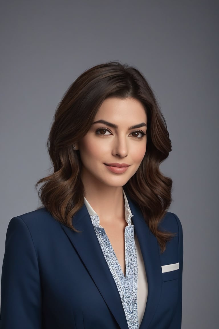 A stunning Indian woman in her 30s stands confidently against a neutral background, her trendy wolf-cut brown hair styled in loose waves. She wears a modern, sleek blue business suit, adorned with subtle patterned details that catch the eye. Her determined gaze is reminiscent of Anne Hathaway's strong character portrayals. The framing captures her full figure, with the vertical composition emphasizing her tall stature. Soft, even lighting highlights the contours of her face and emphasizes her radiant smile, as if she's about to take on the world.