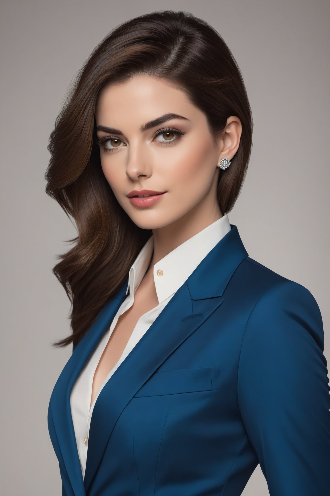 A stunning Indian woman in her 20s, donning a striking wolf-cut brown hairdo, exudes confidence and poise. In a vertical composition, she stands tall, gazing directly into the lens with an unwavering determination. Her piercing eyes sparkle like sapphires, framed by thick lashes. A sleek, modern blue business suit hugs her curves, accentuating her toned physique. The formal attire is juxtaposed against a subtle, textured background, adding depth and dimensionality to the overall image. Her facial features, reminiscent of Anne Hathaway's, are finely detailed, with high cheekbones, defined jawline, and full lips. The trendsetter's wolf-cut hair cascades down her back like a golden waterfall, framing her regal visage. The image is bathed in soft, natural light, casting a flattering glow on the subject.