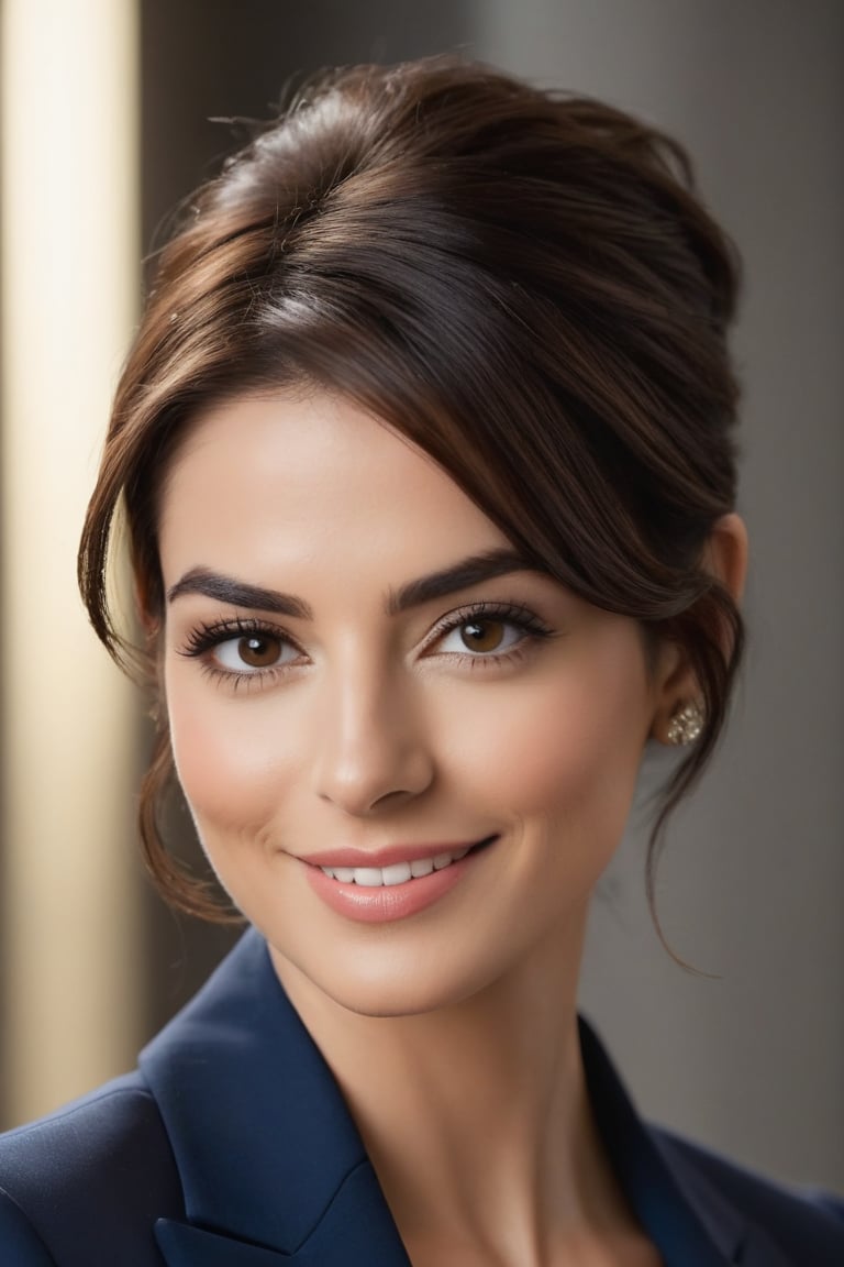 Close-up vertical shot of a stunning Indian woman in her 30s, with trendy wolf-cut brown hair styled to perfection. She's dressed in a sleek, modern blue business suit that accentuates her toned physique, exuding confidence and determination. Her facial features are highly detailed, resembling Anne Hathaway, with a radiant smile that seems to light up the entire frame. The camera captures the subtle contours of her face, from the slight arch of her eyebrows to the gentle curve of her nose. Soft, natural lighting illuminates her features, creating a sense of depth and dimensionality. The background is blurred, allowing the viewer's focus to remain solely on the subject. In this formal portrait, our trendsetter woman embodies modern elegance and sophistication.