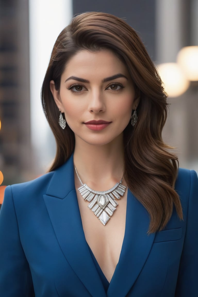 A stunning vertical photo of a vibrant Indian woman in her 30s, sporting a trendy wolf-cut brown hairstyle, posing confidently in a modern, sleek setting. She wears a sharp blue business suit, exuding determination and poise.

The framing of the shot focuses on her radiant face, with the camera positioned slightly above eye level to accentuate her stunning features. Her piercing gaze meets the viewer's, as if challenging them to take notice. The soft, warm lighting illuminates her flawless skin, highlighting the subtle contours of her facial structure.

Her trendy hairstyle is styled to perfection, with loose strands framing her face and a few strategically placed wisps framing her forehead. A delicate silver necklace adds a touch of sophistication to her outfit.

In the background, a minimalist cityscape or an abstract geometric pattern creates a modern, high-tech ambiance, reflecting her forward-thinking personality. The overall atmosphere is one of confidence, poise, and unapologetic self-assurance, reminiscent of Anne Hathway's iconic roles.