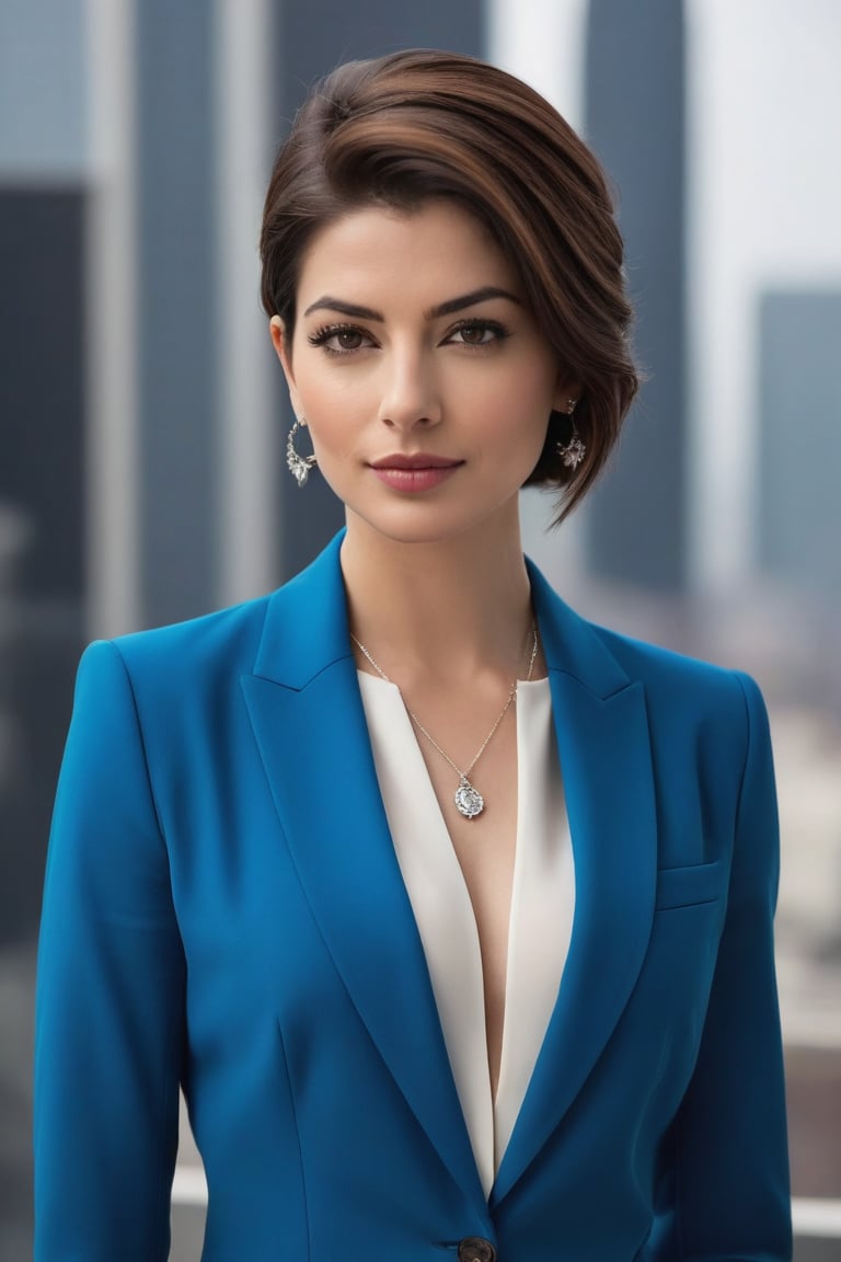 A stunning vertical photo of a vibrant Indian woman in her 30s, sporting a trendy wolf-cut brown hairstyle, posing confidently in a modern, sleek setting. She wears a sharp blue business suit, exuding determination and poise.

The framing of the shot focuses on her radiant face, with the camera positioned slightly above eye level to accentuate her stunning features. Her piercing gaze meets the viewer's, as if challenging them to take notice. The soft, warm lighting illuminates her flawless skin, highlighting the subtle contours of her facial structure.

Her trendy hairstyle is styled to perfection, with loose strands framing her face and a few strategically placed wisps framing her forehead. A delicate silver necklace adds a touch of sophistication to her outfit.

In the background, a minimalist cityscape or an abstract geometric pattern creates a modern, high-tech ambiance, reflecting her forward-thinking personality. The overall atmosphere is one of confidence, poise, and unapologetic self-assurance, reminiscent of Anne Hathway's iconic roles.