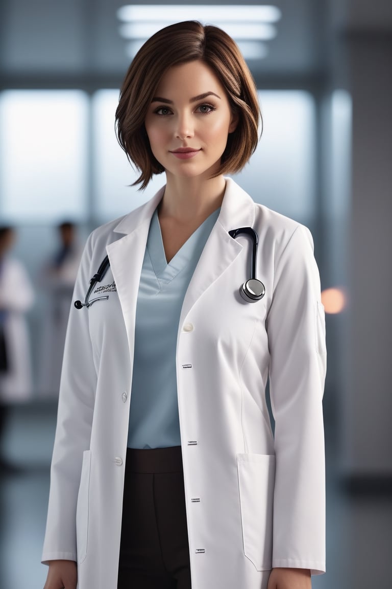 A beautiful 30-year-old girl wearing a white doctor's coat, with brown bob hair and a beautiful face stands in front of a blurred background. The high-resolution image captures every detail of your costume, and cinematic lighting adds depth and drama to the scene.