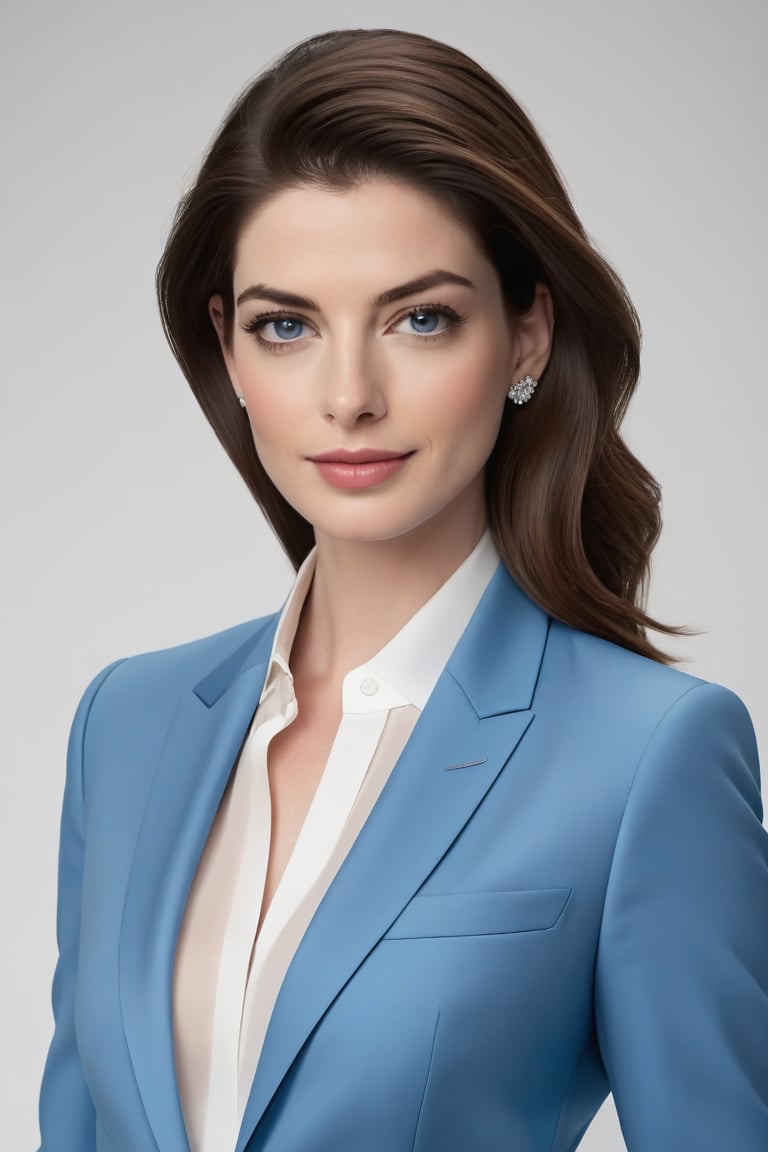 Anne Hathway-inspired beauty: A stunning Indian woman in her 30s, with a trendy wolf-cut brown hair, sits confidently against a clean white background. Her determined gaze is framed by a subtle smile, as she wears a modern, sleek blue business suit that accentuates her toned physique. The formal attire and sharp jawline exude professionalism, while the sparkling blue eyes convey a sense of authority and poise. Every detail, from the delicate eyelashes to the slender fingers, is highly detailed and rendered in hyper-realistic style.