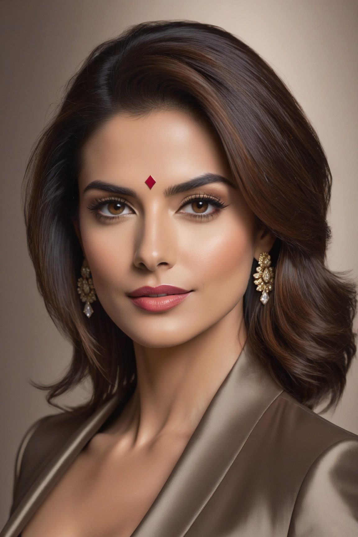 A stunning Indian woman in her 40s, donning a striking wolf-cut brown hairdo, exudes confidence and poise. In a vertical composition, she stands tall, gazing directly into the lens with an unwavering determination. Her piercing eyes sparkle like sapphires, framed by thick lashes. A sleek, modern blue business suit hugs her curves, accentuating her toned physique. The formal attire is juxtaposed against a subtle, textured background, adding depth and dimensionality to the overall image. Her facial features, reminiscent of Anne Hathaway's, are finely detailed, with high cheekbones, defined jawline, and full lips. The trendsetter's wolf-cut hair cascades down her back like a golden waterfall, framing her regal visage. The image is bathed in soft, natural light, casting a flattering glow on the subject.