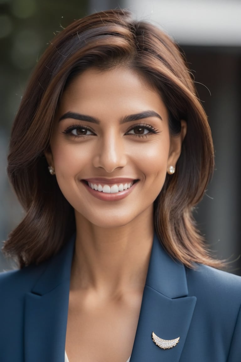 Vertical close-up shot of an Indian woman in her 30s, radiating happiness and confidence. Her trendy wolf-cut brown hair falls down the sides of her face, framing her striking features. The camera captures every detail, from the subtle smile to the piercing eyes that seem to sparkle with determination. She wears a sleek blue business suit, reminiscent of Anne Hathaway's iconic style. The formal attire is offset by her effortless, modern vibe, exuding a sense of professionalism and poise. Lighting is soft and flattering, accentuating the subject's striking features and creating a dramatic depth of field.