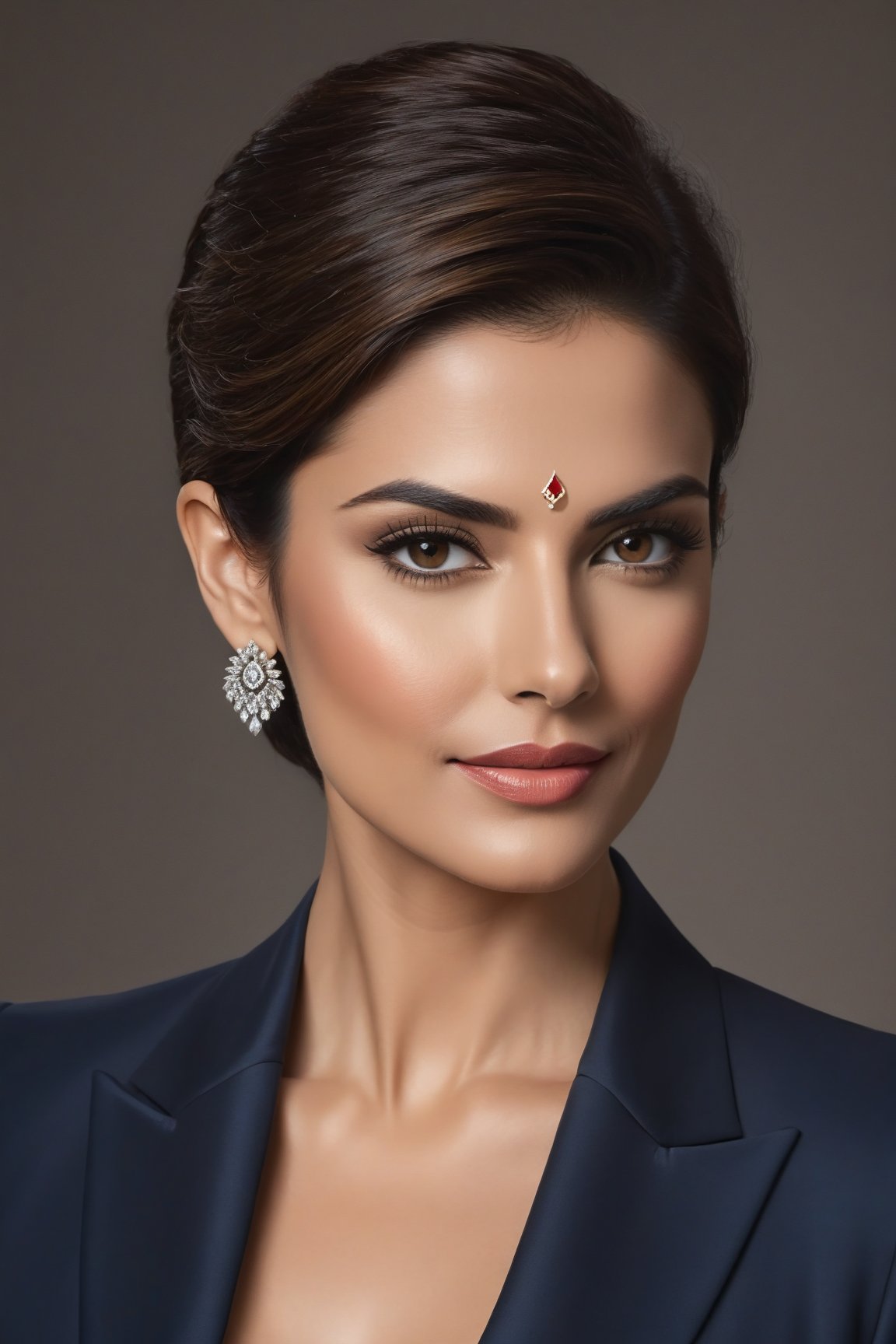 A stunning Indian woman in her 40s, donning a striking wolf-cut brown hairdo, exudes confidence and poise. In a vertical composition, she stands tall, gazing directly into the lens with an unwavering determination. Her piercing eyes sparkle like sapphires, framed by thick lashes. A sleek, modern blue business suit hugs her curves, accentuating her toned physique. The formal attire is juxtaposed against a subtle, textured background, adding depth and dimensionality to the overall image. Her facial features, reminiscent of Anne Hathaway's, are finely detailed, with high cheekbones, defined jawline, and full lips. The trendsetter's wolf-cut hair cascades down her back like a golden waterfall, framing her regal visage. The image is bathed in soft, natural light, casting a flattering glow on the subject.