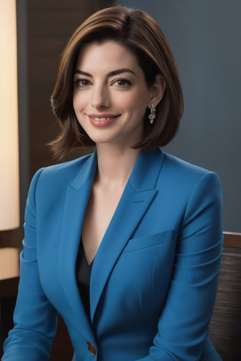 A stunning Indian woman in her 30s, donning a trendy wolf-cut brown hairdo, sits confidently in a vertical frame. Her bright smile radiates determination and poise as she gazes directly into the camera lens. A sleek, high-neckline blue business suit hugs her figure, exuding modern sophistication. Anne Hathaway-inspired intensity emanates from her piercing eyes, drawing the viewer's attention. The formal setting features a subtle gradient of blues and whites, adding depth to the composition. Highly detailed, the image appears almost lifelike, making the subject appear ready to step out of the frame.