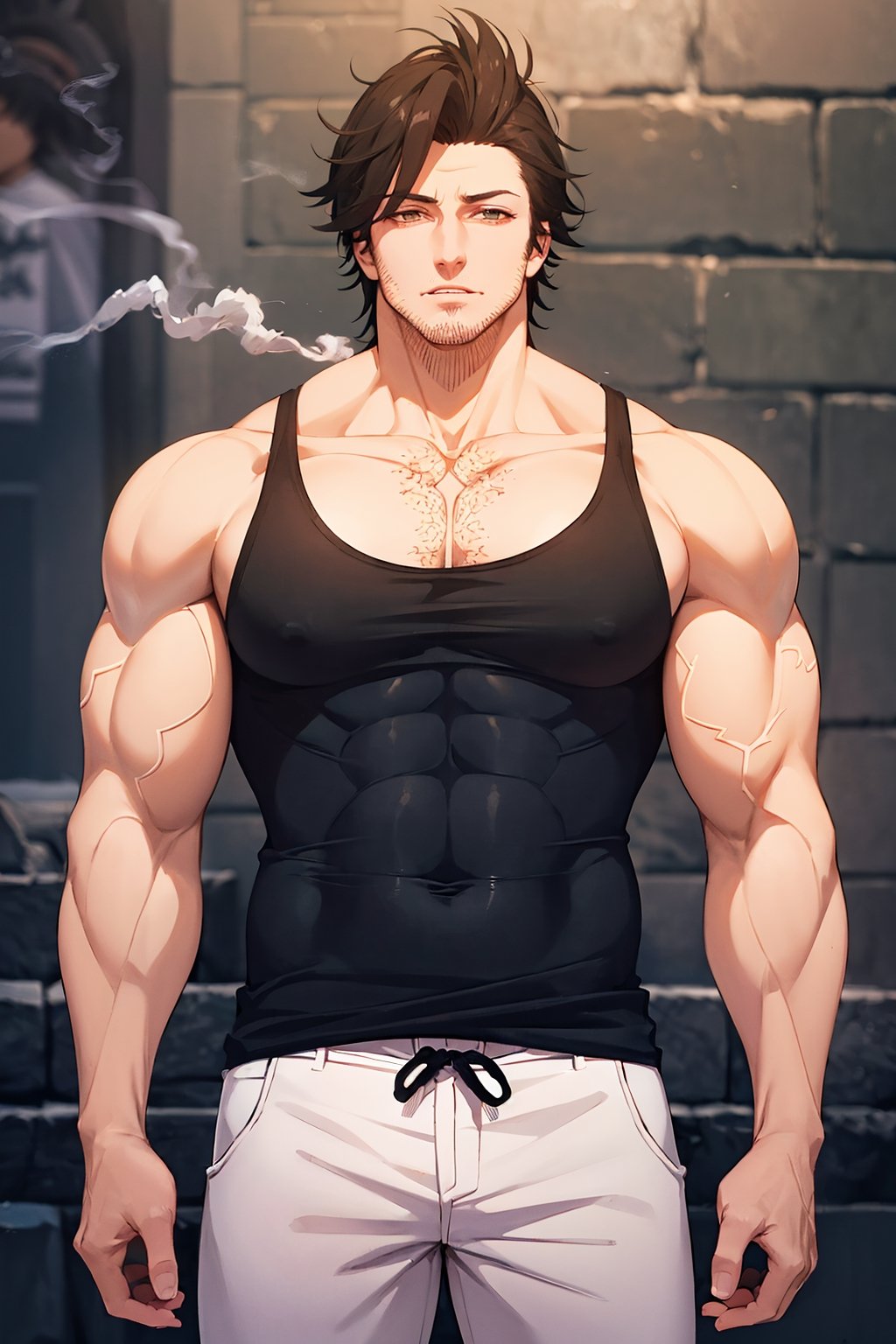 masterpiece, best quality, highly detailed character, body, alone, male focus, 1 man, yami sukehiro, muscular man, facial hair, sideburns, stubble, slight smile, looking at viewer, tank top, white tank top, black capelet, brown eyes, black bull embroidery, YAMI Sukehiro, best quality,smoking,cigarette in mouth