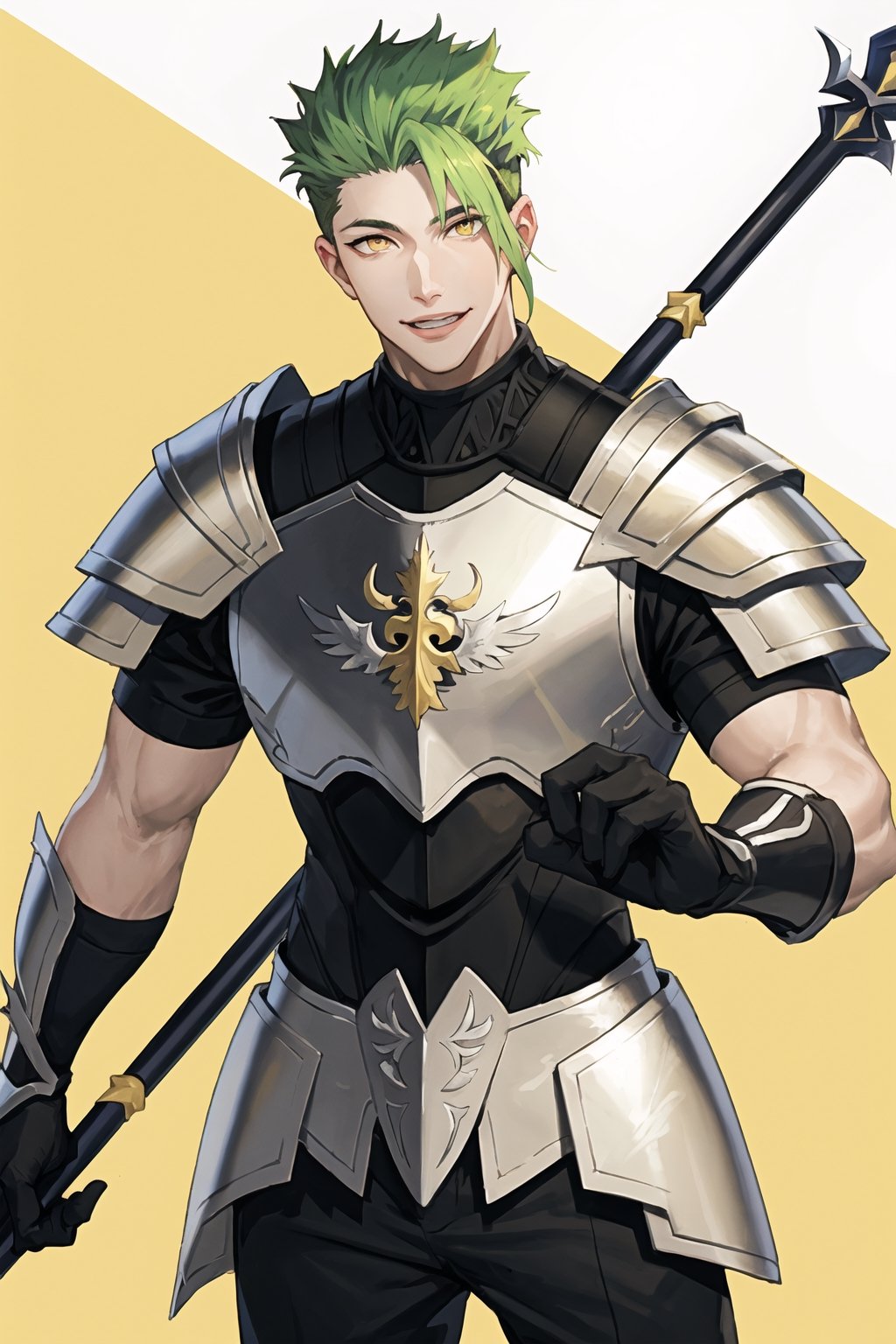 masterpiece, high definition, perfect quality,Vibrant,solo,smile,gloves,1boy,yellow eyes,weapon,male focus,green hair,holding weapon,armor,polearm,spear,good quality, perfect proportions, perfect hands, beautiful, 8k, beautiful eyes, perfect pupils, perfect pupil,1guy,anime,Achilles,fgo