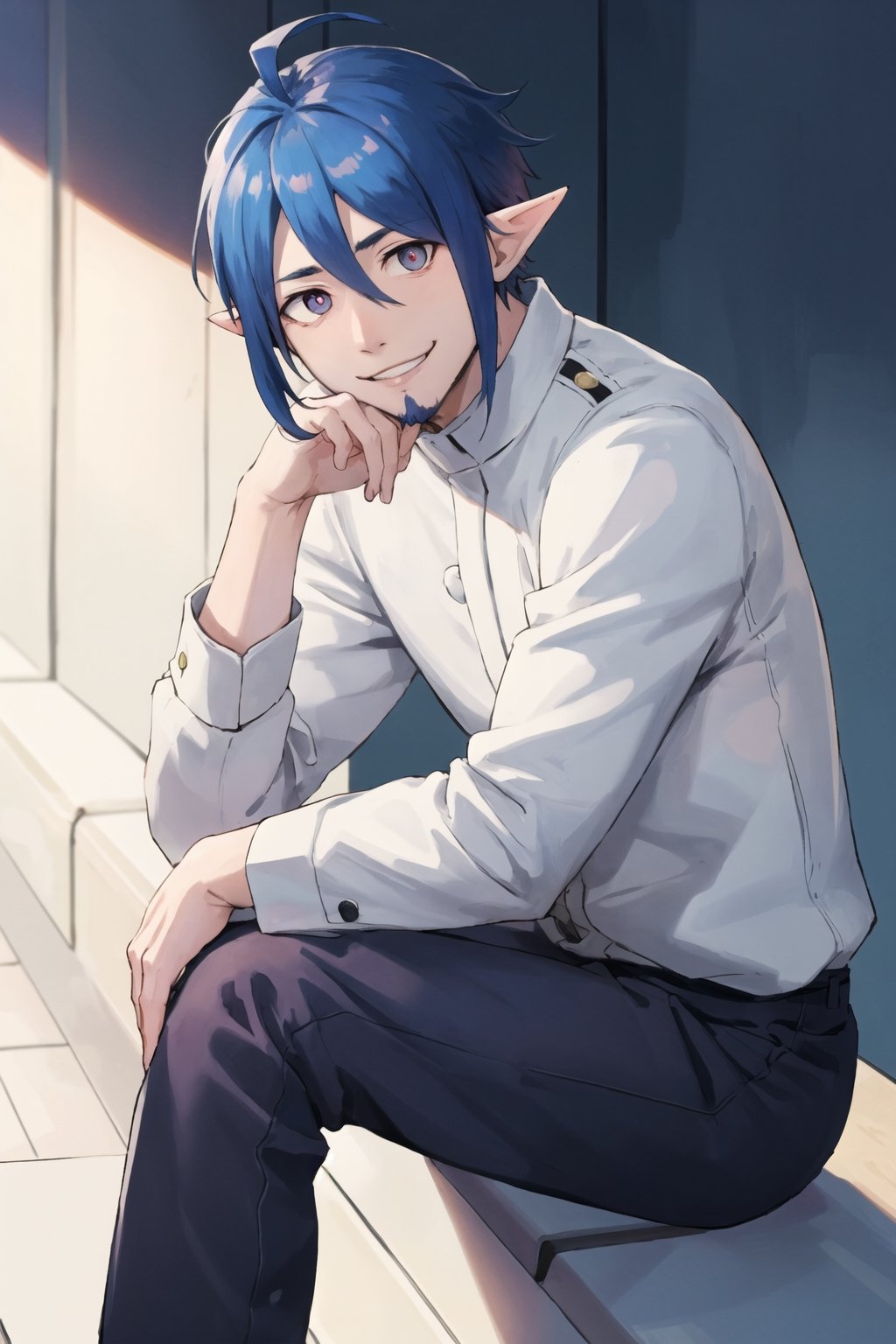 masterpiece, high definition, perfect quality, ao_no_exorcist, mephisto_pheles, alone, looking at viewer, smile, long sleeves, 1 boy, sitting, blue hair, male focus, pants, facial hair, legs crossed, headrest, hand on knee,pointy ears, perfect proportions, perfect hands, beautiful, 8k, beautiful eyes, perfect pupils, perfect pupil,,1boy,ahoge
