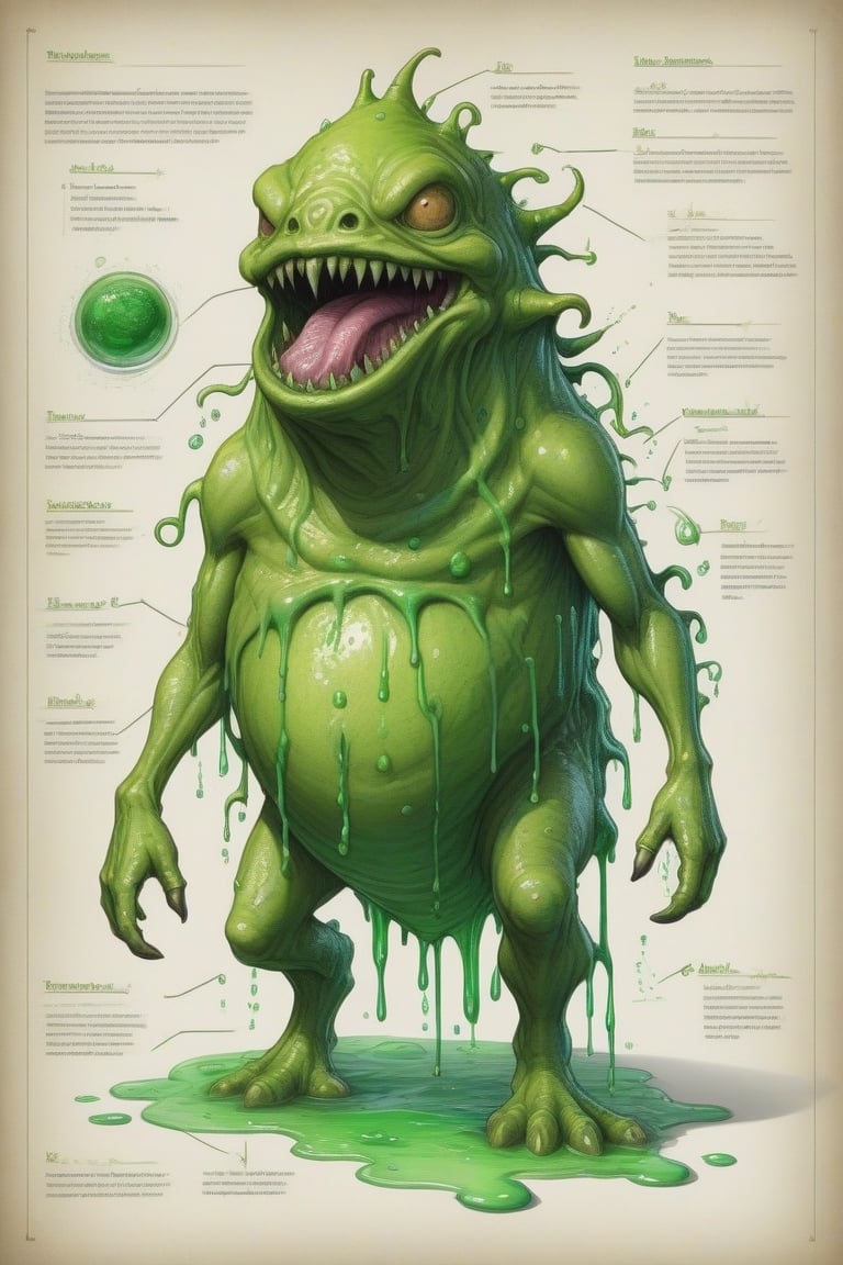 An incredibly detailed concept art illustration of the anatomy of a slime monster. The page looks like it belongs in an old textbook, with pencil and watercolor illustrations, some emerald green ink stains, giving off a vintage charm. Slime is lime green. The attached diagrams reveal the intricate structure of its formless liquid body. The overall composition is a testament to the artist's mastery of correct anatomy, good proportions and exceptional illustration skills, making it a captivating piece of conceptual art. The monster's level is shown ranging from 1 to 10, illustration, concept art, illustration, concept art, concept art, illustration, conceptual art


