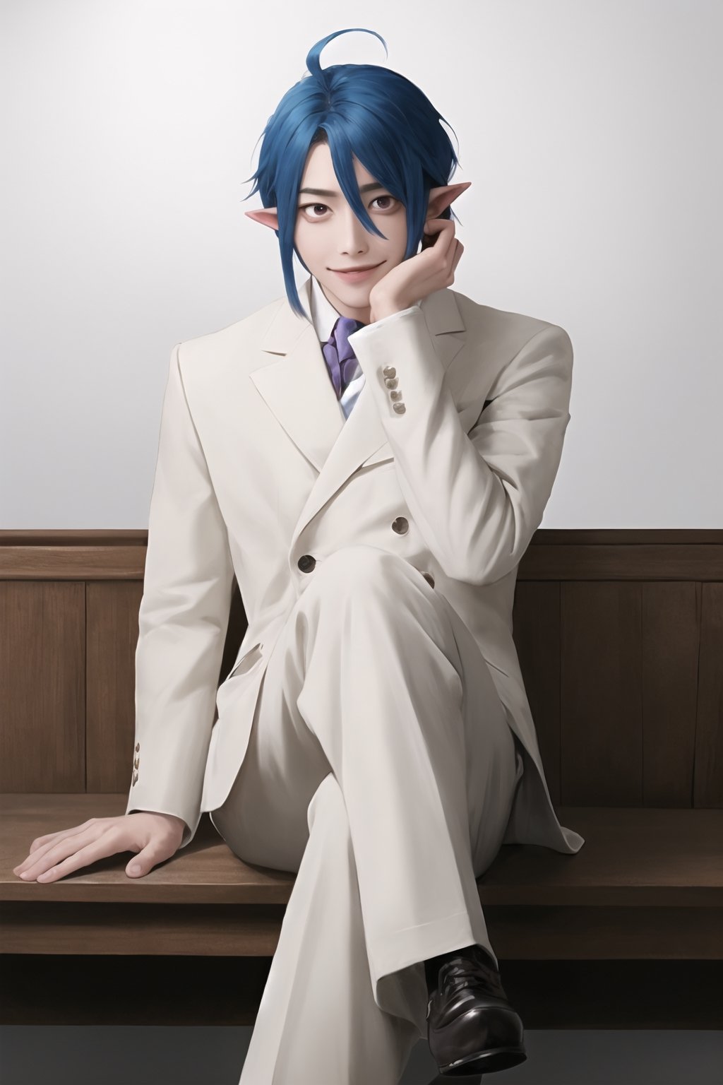 masterpiece, high definition, perfect quality, ao_no_exorcist, mephisto_pheles, alone, looking at viewer, smile, long sleeves, 1 boy, sitting, blue hair, male focus, pants, facial hair, legs crossed, headrest, hand on knee,pointy ears, perfect proportions, perfect hands, beautiful, 8k, beautiful eyes, perfect pupils, perfect pupil,,1boy,ahoge
