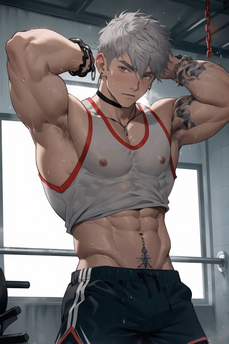 masterpiece, high definition, perfect quality,Vibrant, looking at the viewer, short hair, in a gym , 1boy, inside, day, tank top, tank top, white tank top, hair between the eyes, jewelry, closed mouth, nipples, gray hair, male focus, earrings, choker, sweaty body, tattoos, necklace, bracelet, gray eyes, wet, , muscle, chain, piercing, abs, pectoral, muscular, male, rope, nipple pircing,blue shorts,wet, standing, pose showing muscles, push-up, biseps, muscle veins
