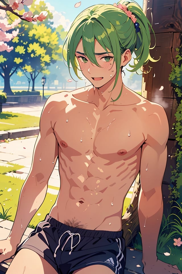Highly detailed, masterpiece, high quality, beautiful, high resolution, original, 1 man, a vibrant scene in a sunlit park. 1 young adult with elegant black sports shorts, his hair green, long with a ponytail. As he rests under a tree after jogging, his toned physique can be seen, shirtless, beads of sweat drip down his chest and face. Around him there are cherry blossom trees, which bathe the scene with delicate petals. Despite a light layer of sweat on his face, a radiant smile conveys joy.8k, defined face, flirtatious look, pink nipples, chest hair, pubic hair, defined pecs, biseps, abs,green hair