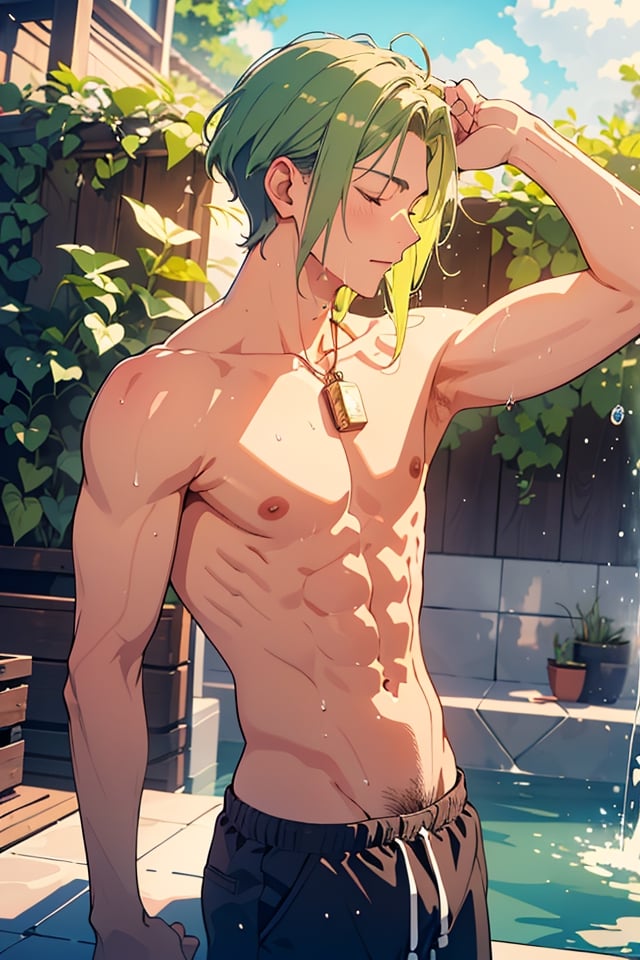 Highly detailed, masterpiece, high quality, beautiful, high resolution, original, 1 man, a vibrant scene in a sunlit park. 1 young adult completely naked, his green hair, long and loose, the length is up to his neck, showering, his toned physique, the water falling down his body. Wet hair, body in profile, 8k, defined face, closed eyes, pink nipples, chest hair, pubic hair, defined pecs, biseps, abs, medium profile body, arms at the sides,intheshower