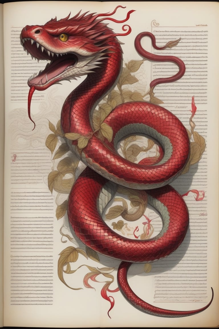 A meticulously crafted concept art illustration of a Lamia, a mythical snake-human hybrid monster. The creature's upper half features a humanoid figure wielding swords, while the lower half is a coiled snake with vibrant, colorful scales. The page appears to be from an ancient textbook, adorned with pencil and watercolor illustrations, scarlet red ink stains, and a vintage charm. The detailed anatomy diagrams reveal the intricate structure of the Lamia, showcasing the artist's exceptional skill in depicting correct anatomy and proportions. The illustration is accompanied by level indicators ranging from 5 to 15, highlighting the creative process and evolution of this captivating work of conceptual art., illustration, conceptual art