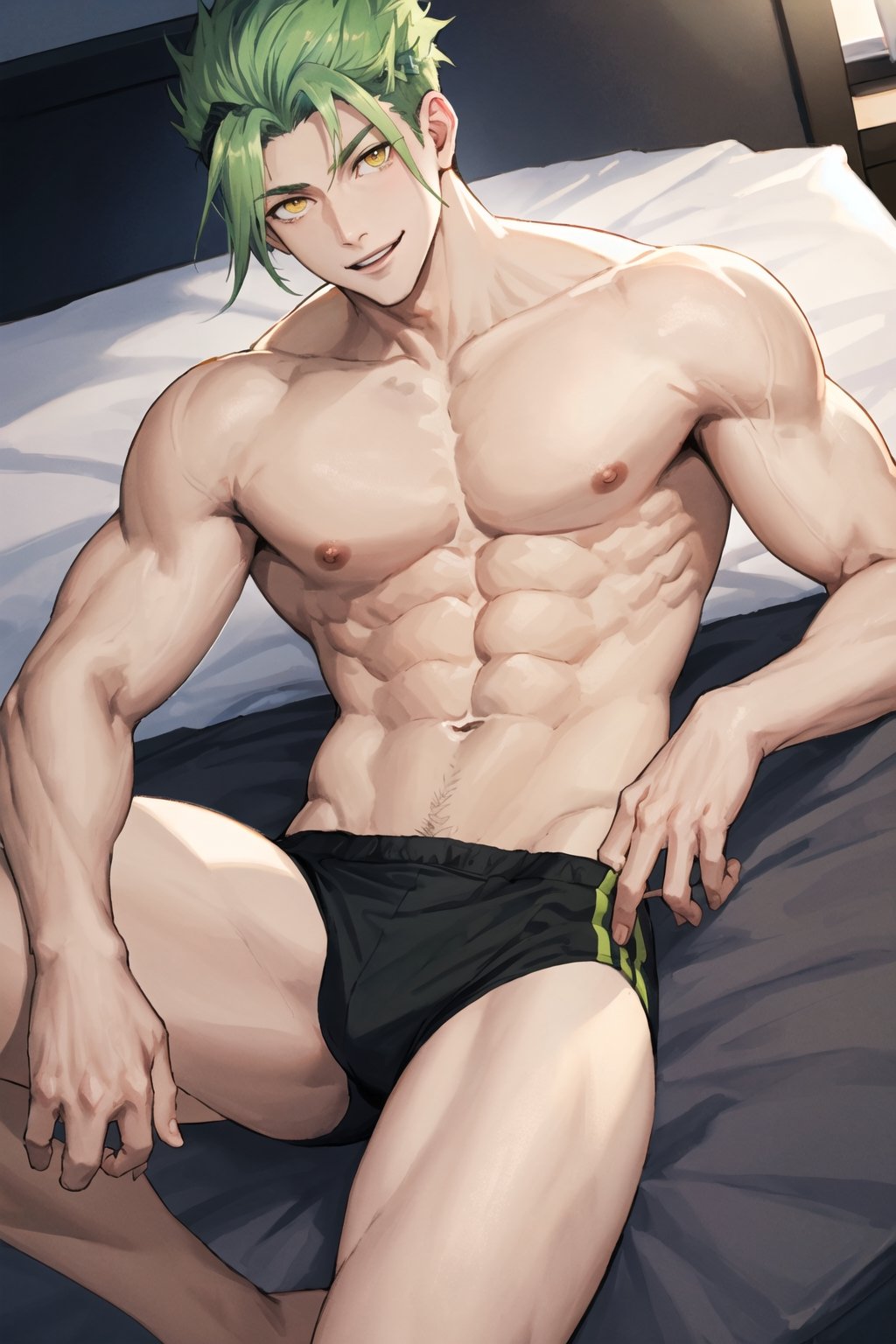 masterpiece, high definition, perfect quality,Vibrant,solo,smiling,1boy,yellow eyes,male focus,green hair,holding,lying on a bed,solo in underwear,topless,briefs,green briefs,tight briefs,focus on abs,focus on pecs,focus on thighs,good quality,perfect proportions,perfect hands,beautiful,beautiful,8k,beautiful eyes,perfect pupils,perfect pupil,1guy,anime,achilles,fgo