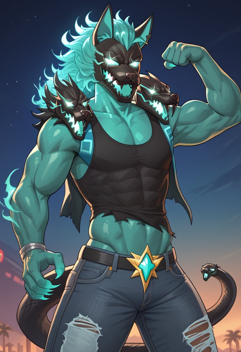 Score_9, Score_8_up, Score_7_up, Cerberus (fortnite), (masterpiece, best quality, ultra detailed), (perfect hands, perfect anatomy),male focus, rating_questionable, (lora:Cerberus_Fortnite_Pony:0.8), green body, green eyes, glowing eyes , fangs, claws, tail, snake tail (playing on an 80s arcade video game machine in an arcade with 80s clothes),,Cerberus (Fortnite),jeans, (torn_jeans:1.1), tank top, tank top torn ,abs ,flexing arms,sexy pose,sexy monster, clay_blue_skin