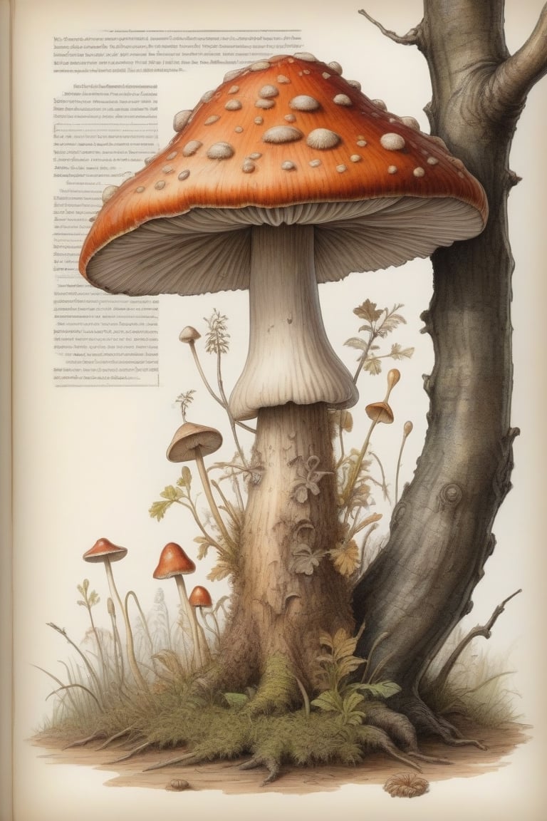 A captivating vintage concept art illustration of the intricate anatomy of a fungus creature. It features an old-fashioned textbook-like appearance with pencil and watercolor details, watermarks, and a vintage charm. The fungus is a half-meter-sized mushroom with a stocky body, fingered arms, and short legs. Its mouth is equipped with sharp teeth, and it is illustrated against a backdrop of a rotten tree. The artist's mastery of anatomy, proportions, and illustration skills is evident in the detailed diagrams, which range from monster level 10 to 25. The overall composition is a stunning display of conceptual art., illustration, conceptual art