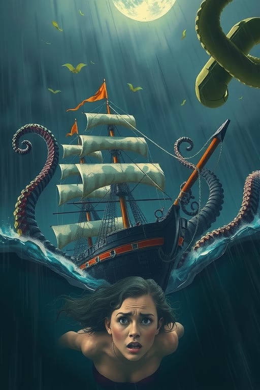 intricate detailed painting of a pirate ship being crushed by a massive scarred grey octopus in a stormy sea under torrential rain, a frightened mermaid with green curly hair looking at the camera underwater, cinematic dramatic lighting, highly detailed, 8k, photorealistic, masterpiece