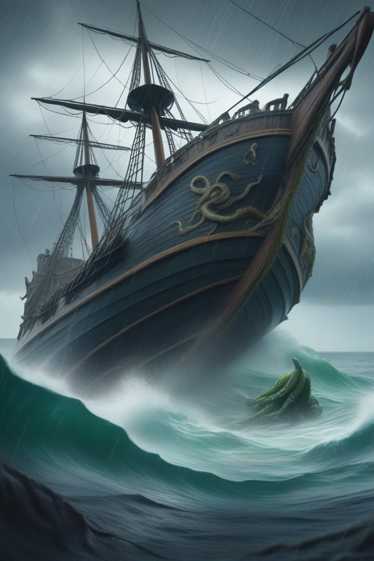 Wide-angle shot intricate detailed painting of a pirate ship being crushed by a massive scarred grey octopus in a stormy sea under torrential rain, a frightened mermaid with green curly hair looking at the camera underwater, cinematic dramatic lighting, highly detailed, 8k, photorealistic, masterpiece