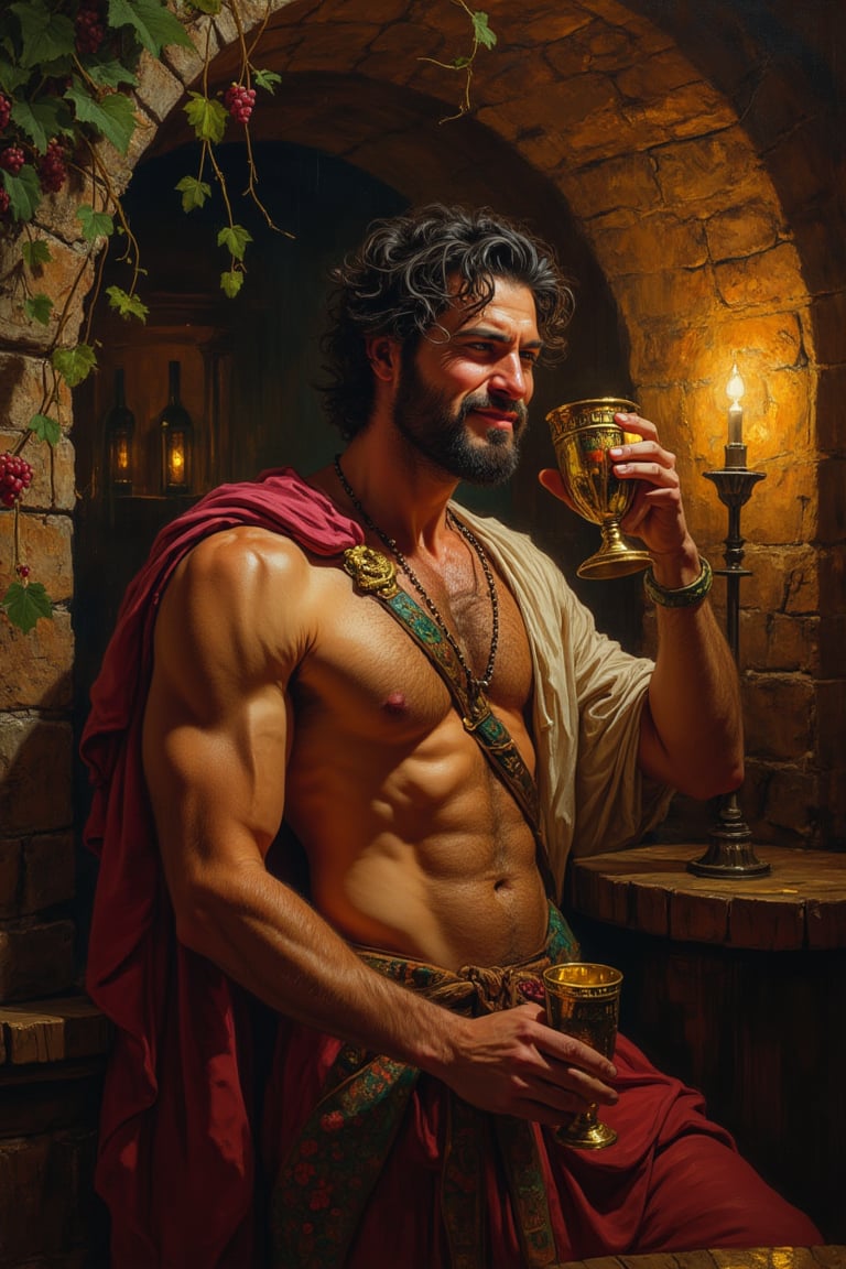 A vivid and intimate portrait of the myth Bacchus, the 25-year-old, in a dimly lit cellar suffused with a warm, glow phosphorescent. His messy black hair falls on his broad shoulders, framing a full round face with red cheeks, he deep black eyes that shine with a hint of smile and fancy the red cheeks reddened by drunkenness and smiles smirkly while holding a finely worked golden cup to his mouth, savoring the rich bouquet of a new wine. His physique is athletic but with a well evident swollen belly, the muscles of the chest and arms are subtly visible under the adhesion of a tunic of fine and shiny silk. The tunic is adorned with meticulously woven motifs that shine in the soft light, echoing the luxury of the surrounding environment. The cellar itself is a celebration of nature and indulgence, with wreaths of ivy and jasmine wrapping the arched stone walls, permeating the space with an air of ancient reverence and festivity. The atmosphere is charged with the sweet aroma of fermentation, and the close-up on the drunken face of Bacchus from the deep bright colours of the grapes to the lush green of the foliage-highlights the intricate details of the scene. 