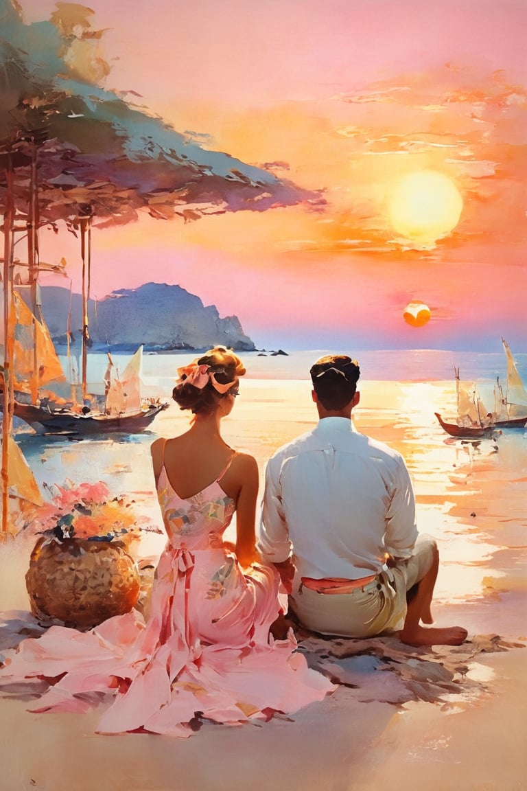 A serene sunset on a picturesque beach. ((A man and a woman)), in vintage swimwear, sitting facing the sea, with their backs to the camera, on a large nautical canvas adorned with oriental motifs. They watch the sun set in calm waters, surrounded by an ethereal atmosphere of pastel tones - soft pink, beige, yellow, orange.