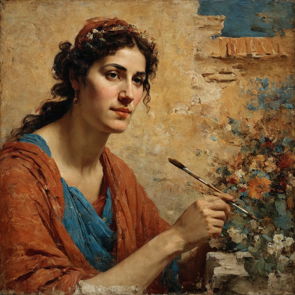 Portrait of an ancient Greek painter painting on a wall