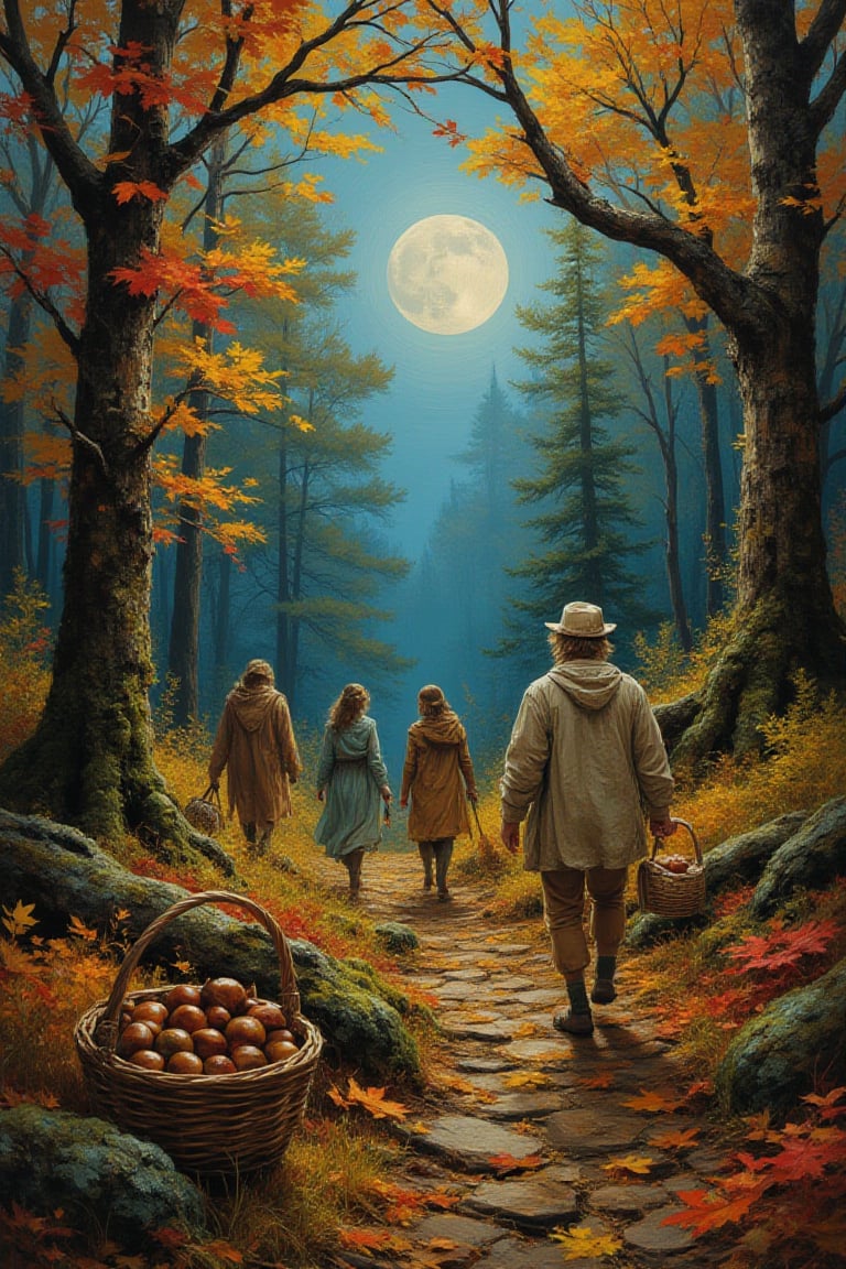 In this serene autumnal scene, bathed in soft lunar light, I wander through a forest floor blanketed with vibrant yellow and crimson leaves, adorned with lush mosses and lichens. Amidst the whispering woods, a gathering of beautiful nymphs, accompanied by playful fauns, assist me as I collect an assortment of inviting chestnuts. The gathered nuts are then carefully placed into rustic wicker baskets, their warm tones contrasting with the cool, moonlit ambiance.