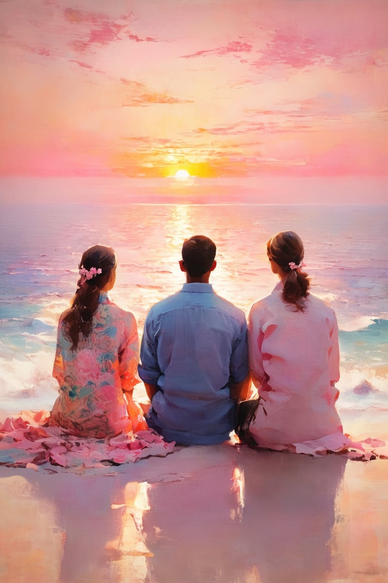 A serene sunset on a picturesque beach. A man and woman, dressed in casual attire, sit facing the ocean, their backs to the camera, on a large nautical canvas adorned with oriental patterns. They gaze out at the sun's descent into the calm waters, surrounded by an ethereal atmosphere of pastel hues - soft rose and gillyflower tones.