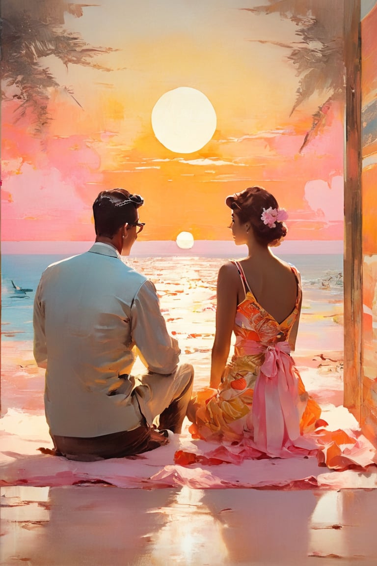 A serene sunset on a picturesque beach. ((A man and a woman)), dressed in vintage swimwear, sitting facing the sea, with their backs to the camera, on a large nautical canvas adorned with oriental motifs. They watch the sun set in calm waters, surrounded by an ethereal atmosphere of pastel tones - soft pink, beige, yellow, orange.