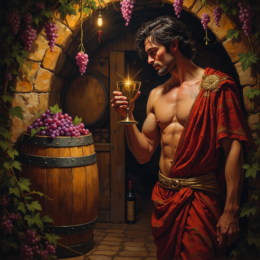 A vivid and intimate portrait closup of mito Bacchus, the 25-year-old god of wine, in a dimly lit cellar suffused with a warm, phosphorescent glow. His disheveled black hair tumbles onto his broad shoulders, framing a face alight with deep black eyes that sparkle with a hint of mischief and red cheeks flushed with the same exuberance that defines his character. A knowing smile graces his lips as he holds a delicately embroidered golden cup to his mouth, savoring the rich bouquet of a freshly poured libation. His physique is athletic and well-defined, the muscles of his chest and arms subtly visible beneath the cling of a fine silk tunic that falls to his knees. A gold belt, intricately crafted and studded with gems, cinches the garment at his waist, emphasizing his lithe form. The tunic is adorned with meticulously woven patterns that shimmer in the soft light, echoing the luxuriousness of the surroundings. The cellar itself is a celebration of nature and indulgence, with garlands of ivy and jasmine draping the arched stone walls, imbuing the space with an air of ancient reverence and festivity. The focal point of the scene is a colossal barrique barrel, standing sentinel like a wooden monument to the art of winemaking. Two fauns, their fur a mix of earthy browns and greens, watch with eager anticipation from the shadows. Their expressions are a blend of hopefulness and anxiety, as if the verdict of Bacchus's palate will dictate the fate of the vintage they have so meticulously tended. The atmosphere is charged with the sweet aroma of fermentation, and the narrow field of vibrant colors—from the deep purples of the grapes to the lush greens of the foliage—highlights the intricate details of the scene. The cellar's ambiance is one of impending revelry, where the line between the divine and the mortal realms blurs in the pursuit of a perfect vintage.