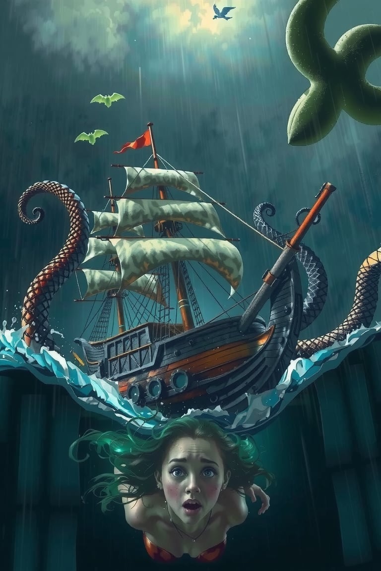 intricate detailed painting of a pirate ship being crushed by a massive scarred grey octopus in a stormy sea under torrential rain, a frightened mermaid with green curly hair looking at the camera underwater, cinematic dramatic lighting, highly detailed, 8k, photorealistic, masterpiece